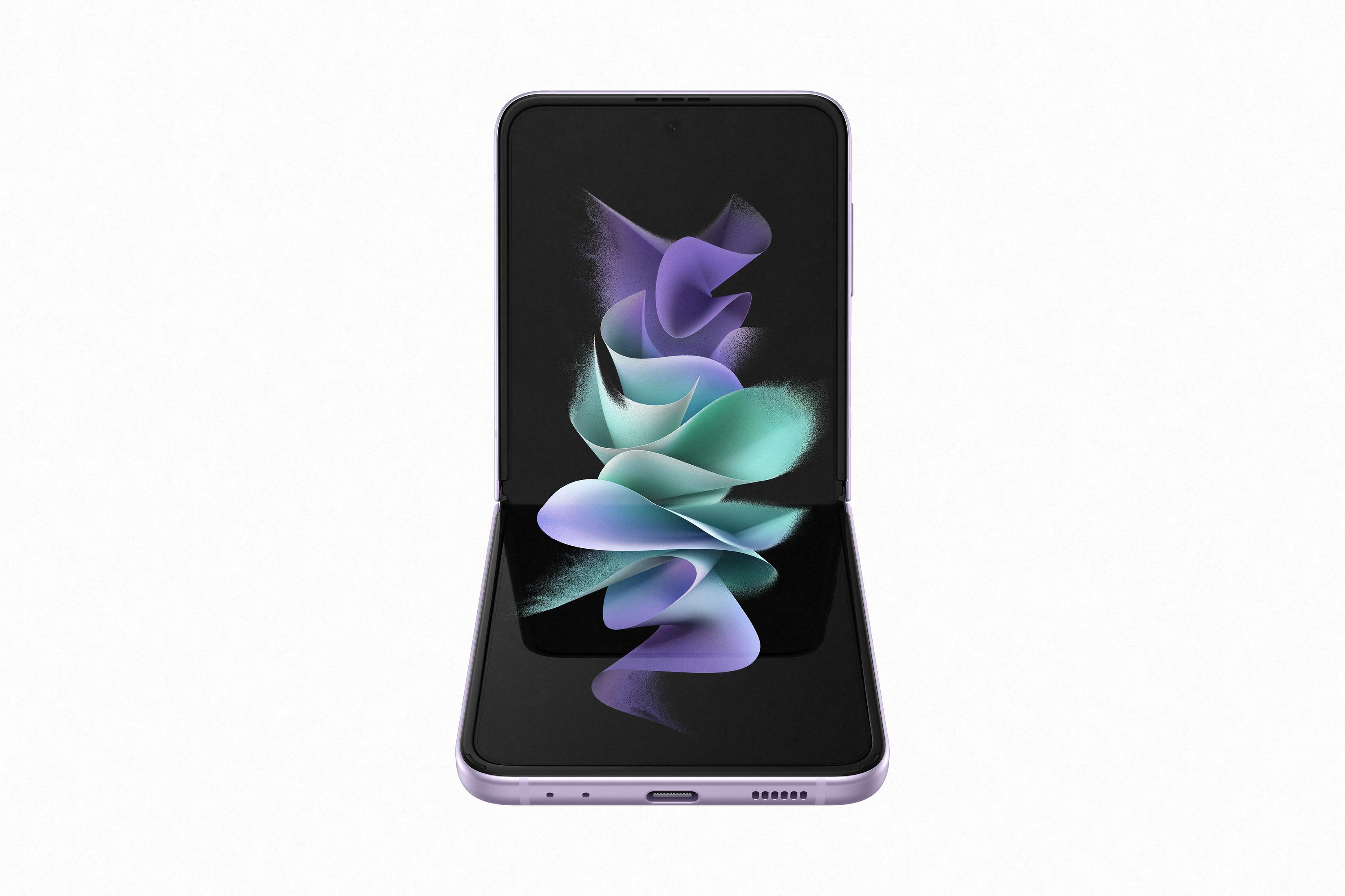 Uno smartphone pieghevole viola, aperto, con sfondo astratto colorato.