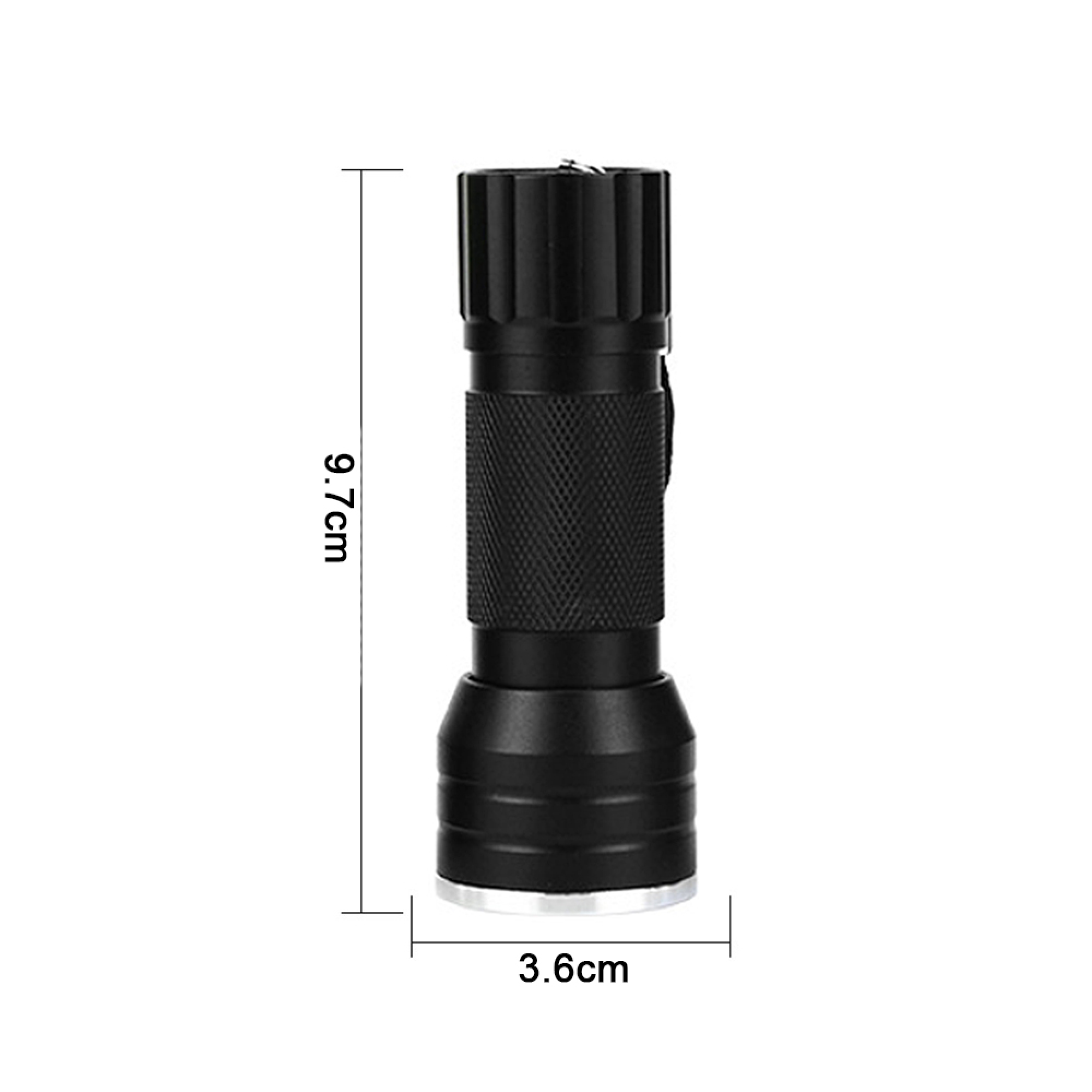 Schwarze Taschenlampe, 9,7 cm lang und 3,6 cm breit.