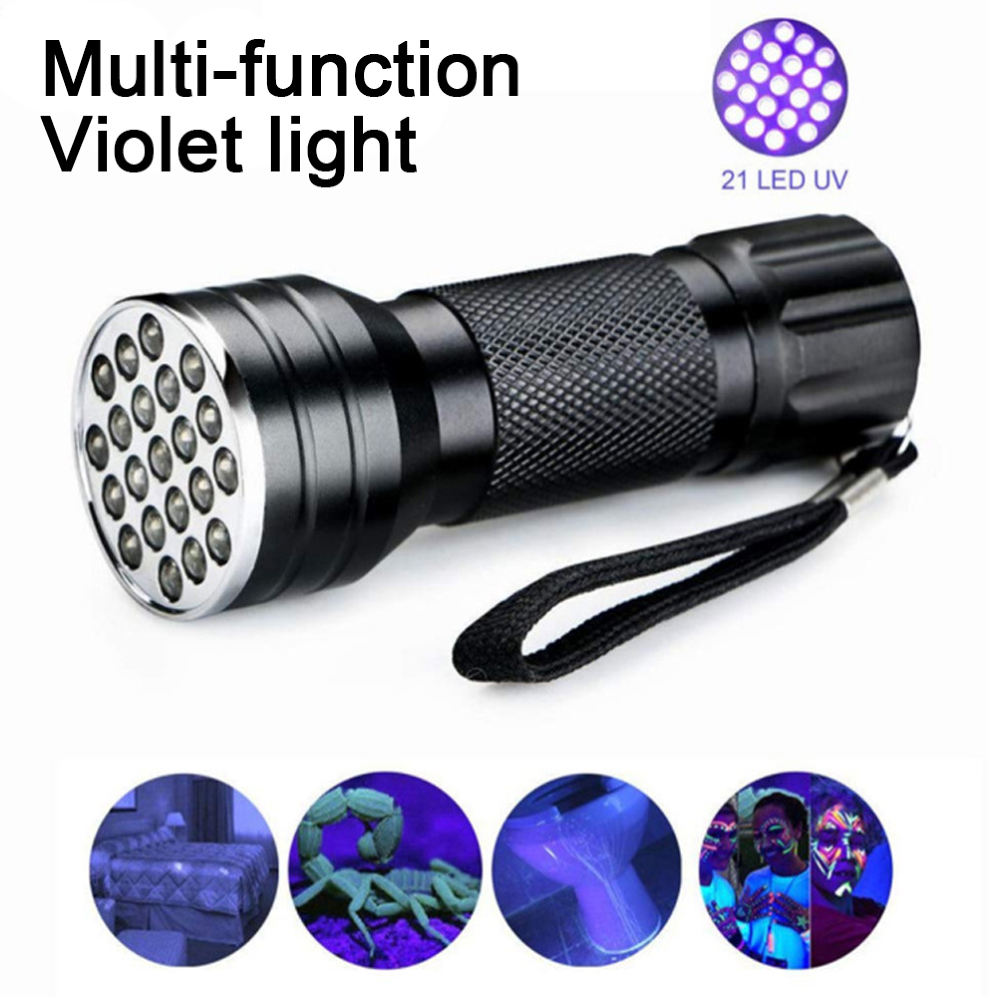 Schwarze UV-Taschenlampe mit 21 LEDs, zeigt Bett, Skorpion, Muster und Gesichter.