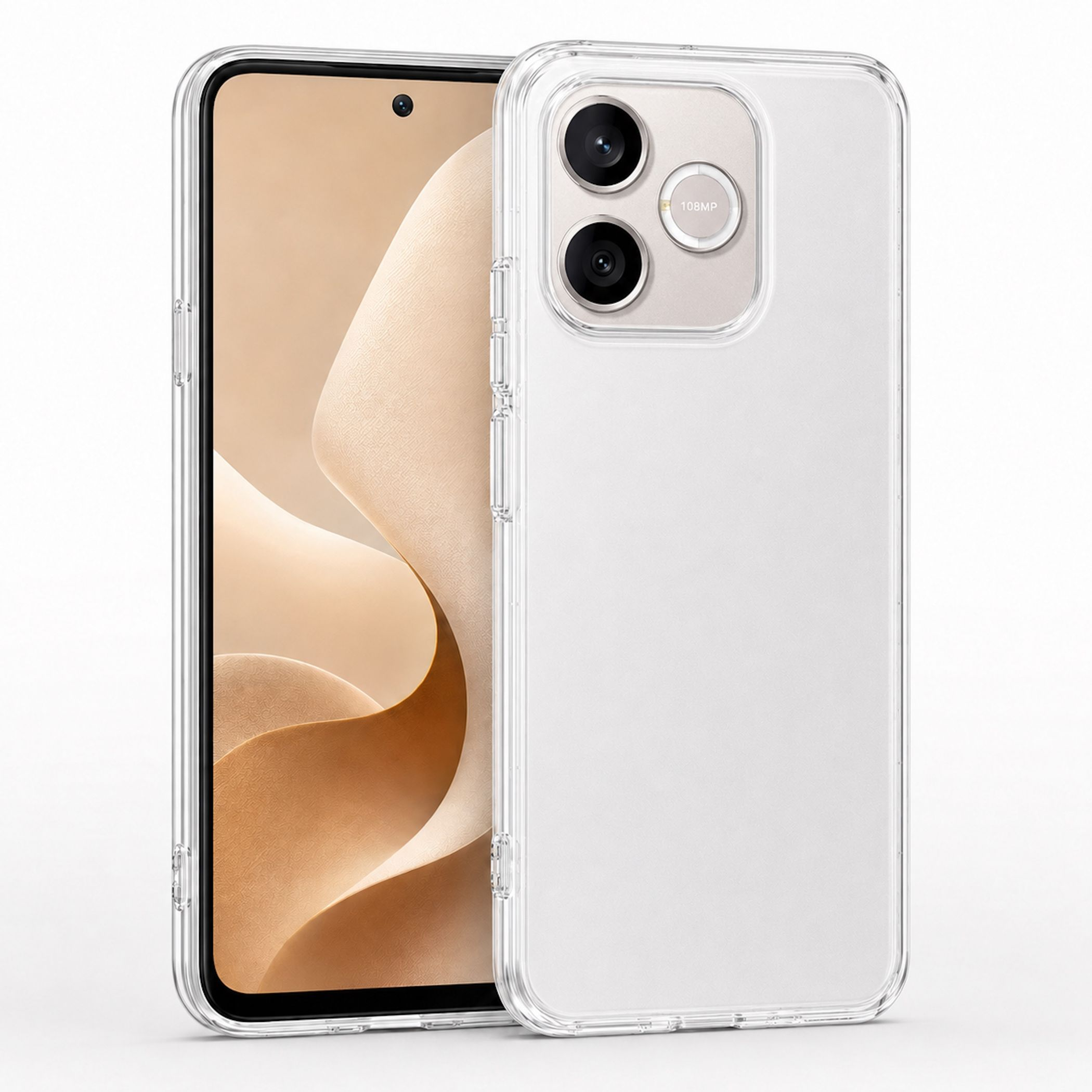 Ein durchsichtiger Handyhülle bedeckt ein Smartphone mit drei Kameras.