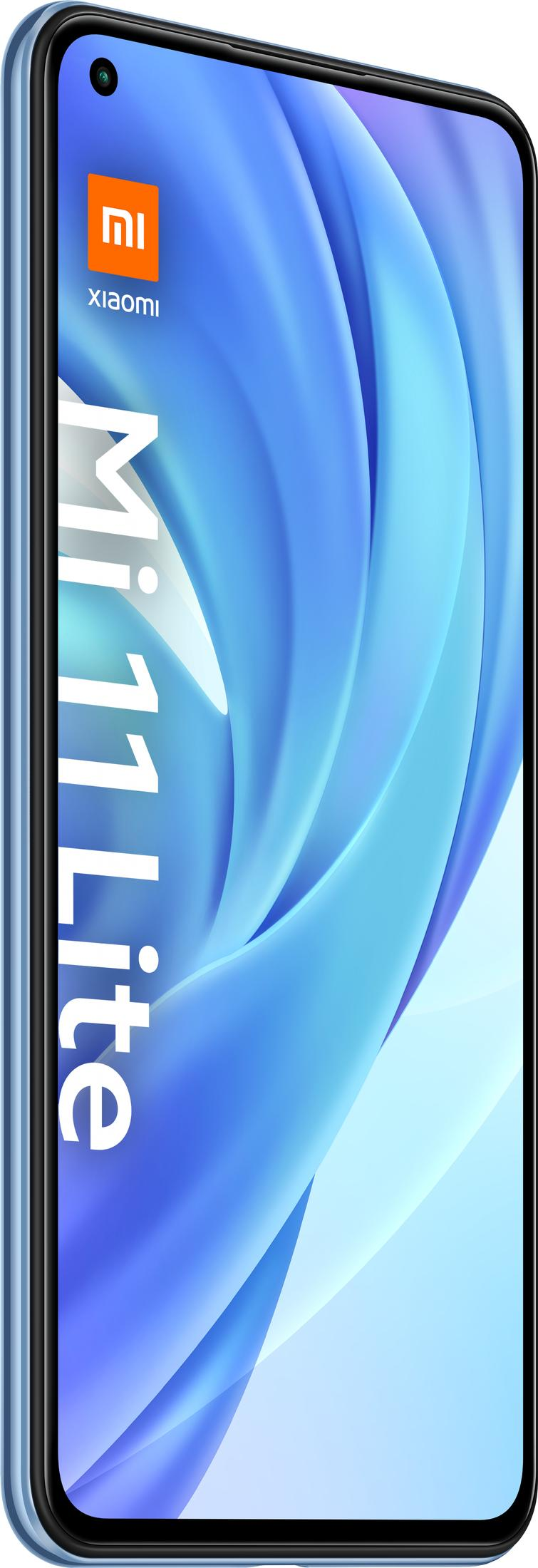 Uno smartphone Xiaomi Mi 11 Lite blu con sfondo blu ondulato sullo schermo.