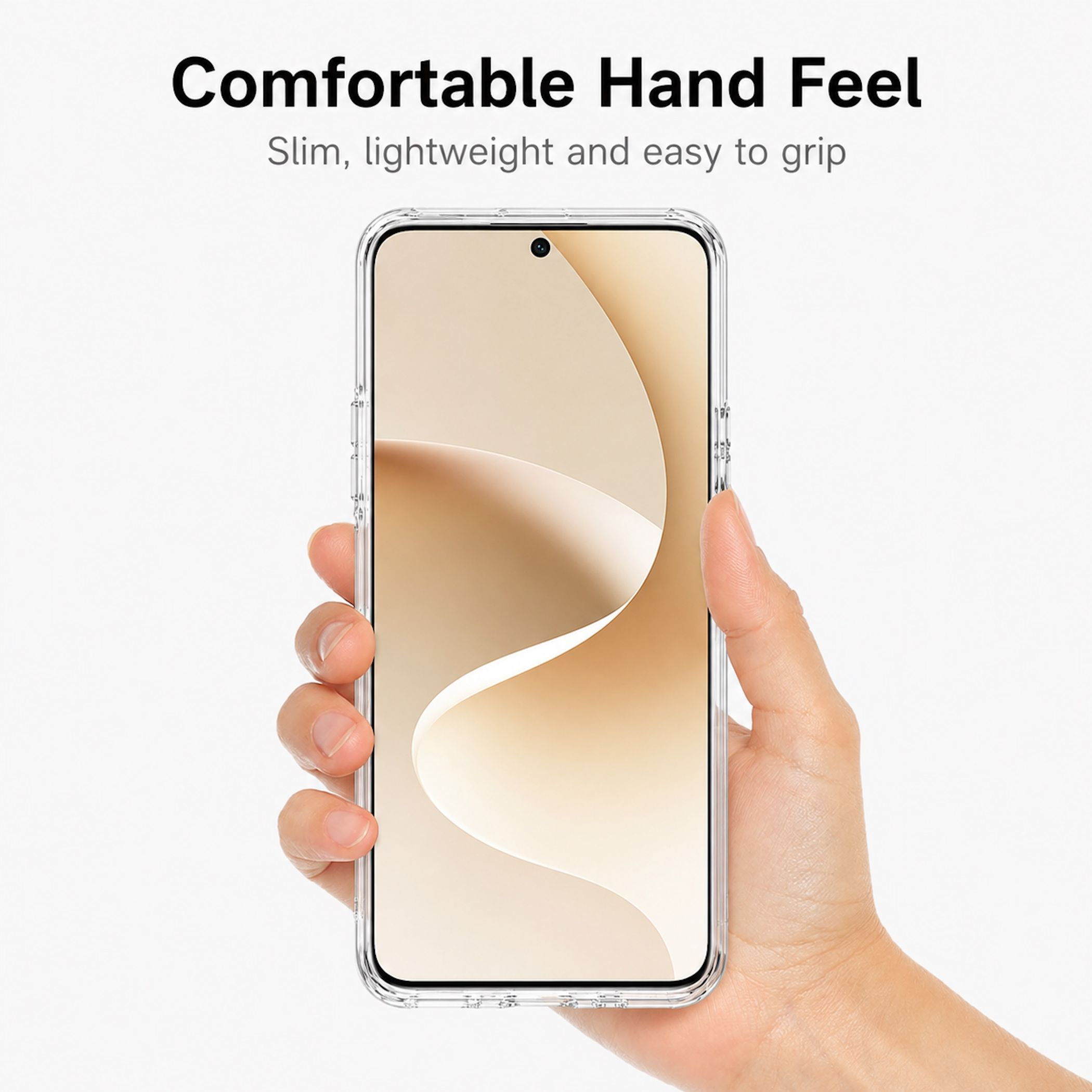 Eine Hand hält ein transparentes Handyhülle mit einem Handy darin.