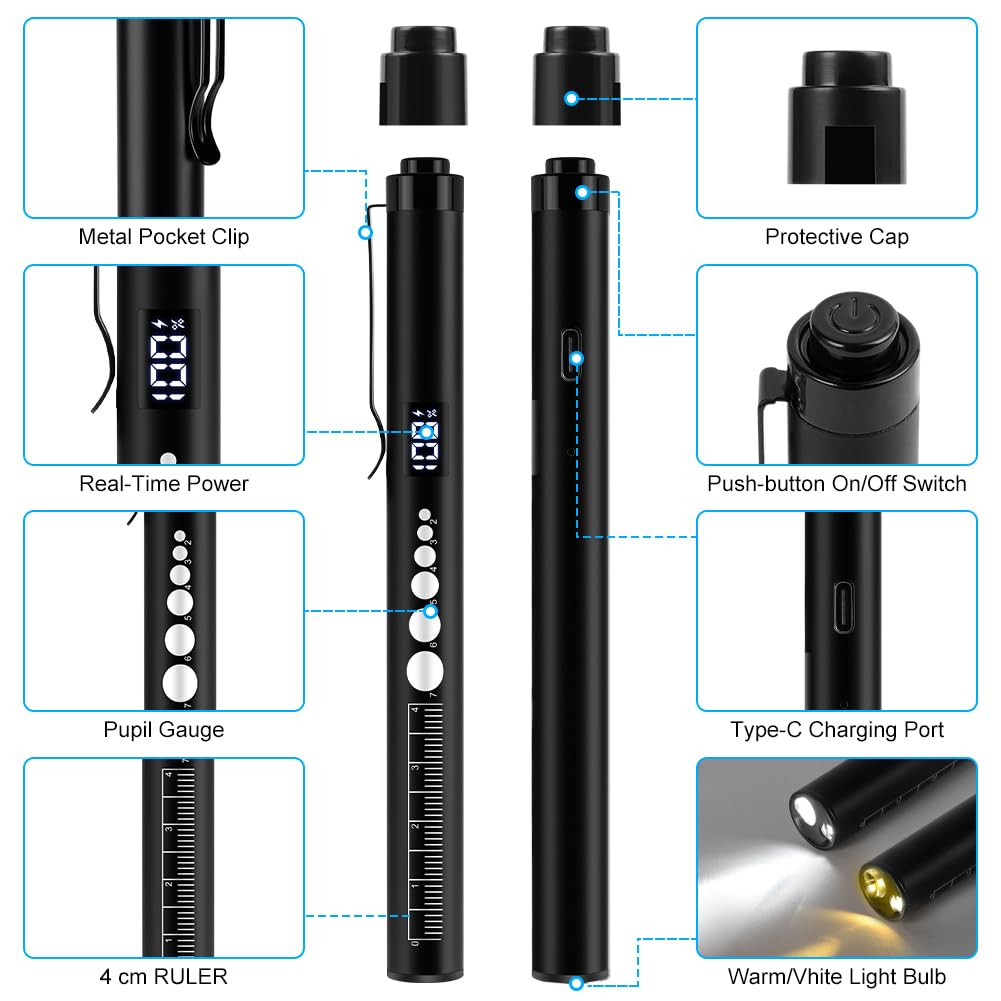 Schwarzer Stiftlicht mit Pupillenmaßstab, Lineal, USB-C-Anschluss und digitaler Anzeige.