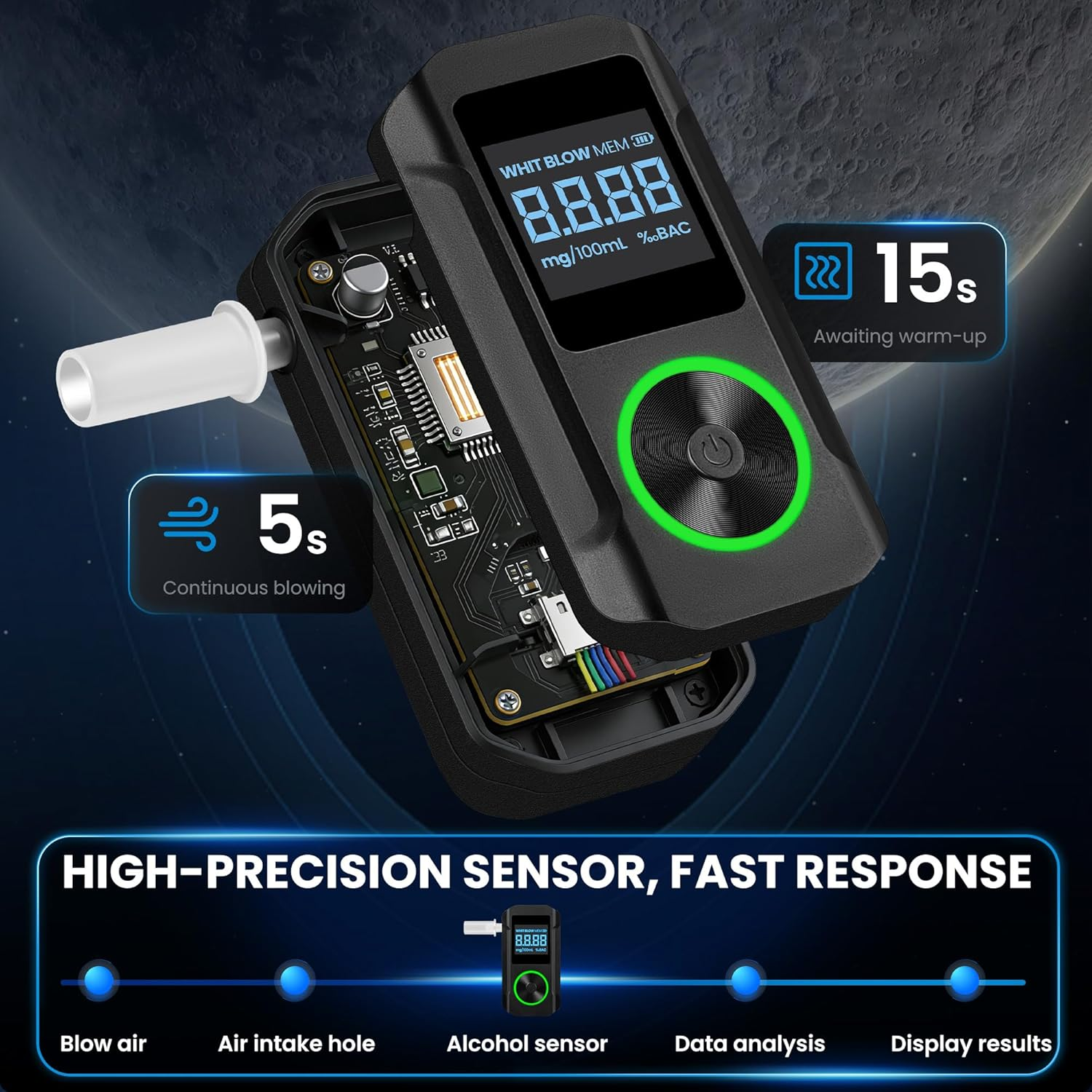 Digitaler Alkoholtester mit Anzeige 8.8.88. Mit 5s Blaszeit und 15s Aufwärmzeit.