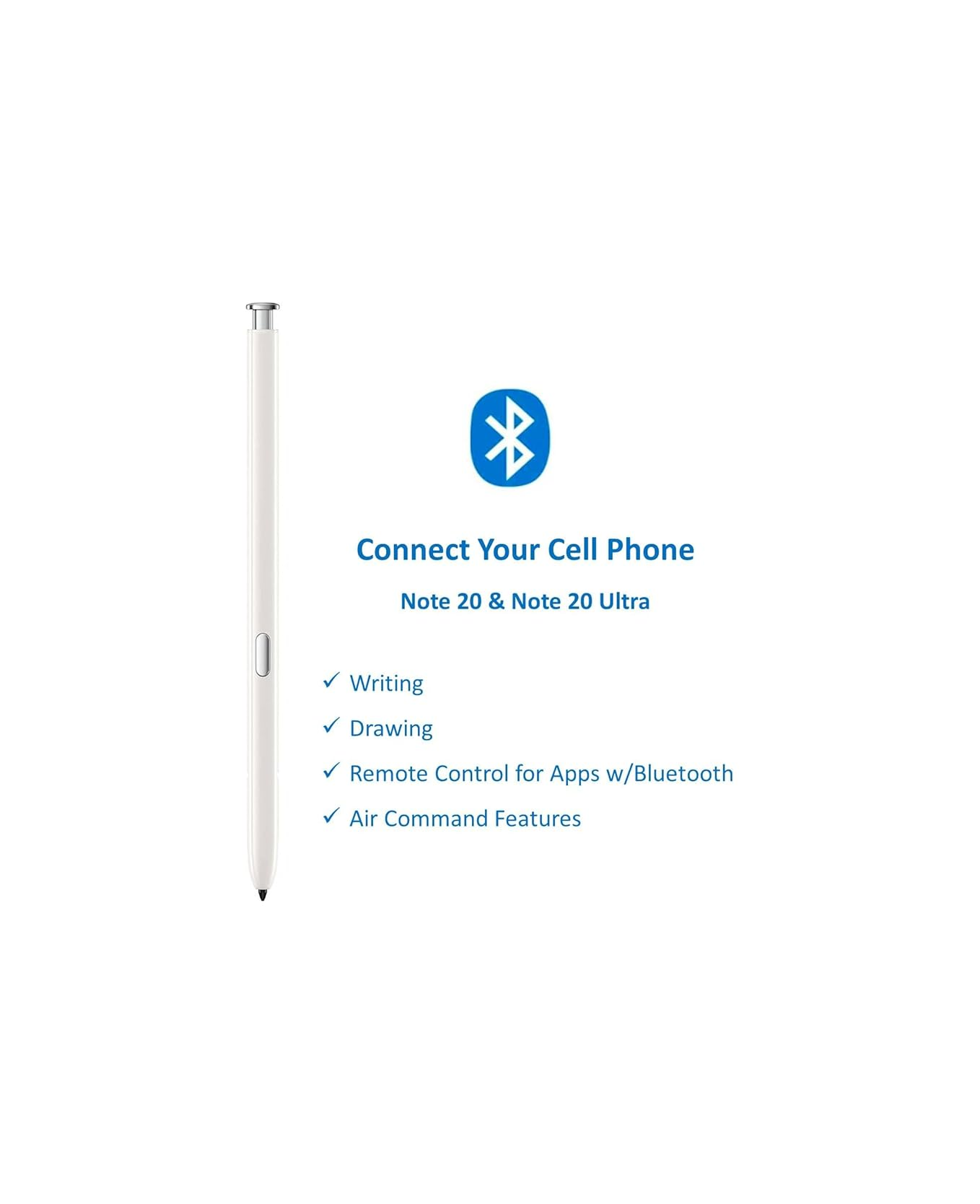 Ein weißer Stift mit Bluetooth-Symbol und Text, der Funktionen auflistet.
