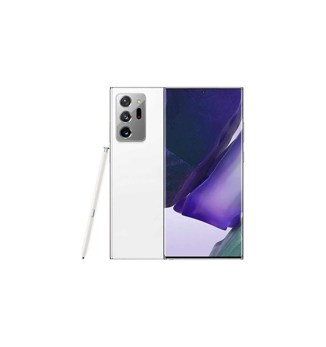 Ein weißes Smartphone mit drei Kameras und einem Stift daneben.