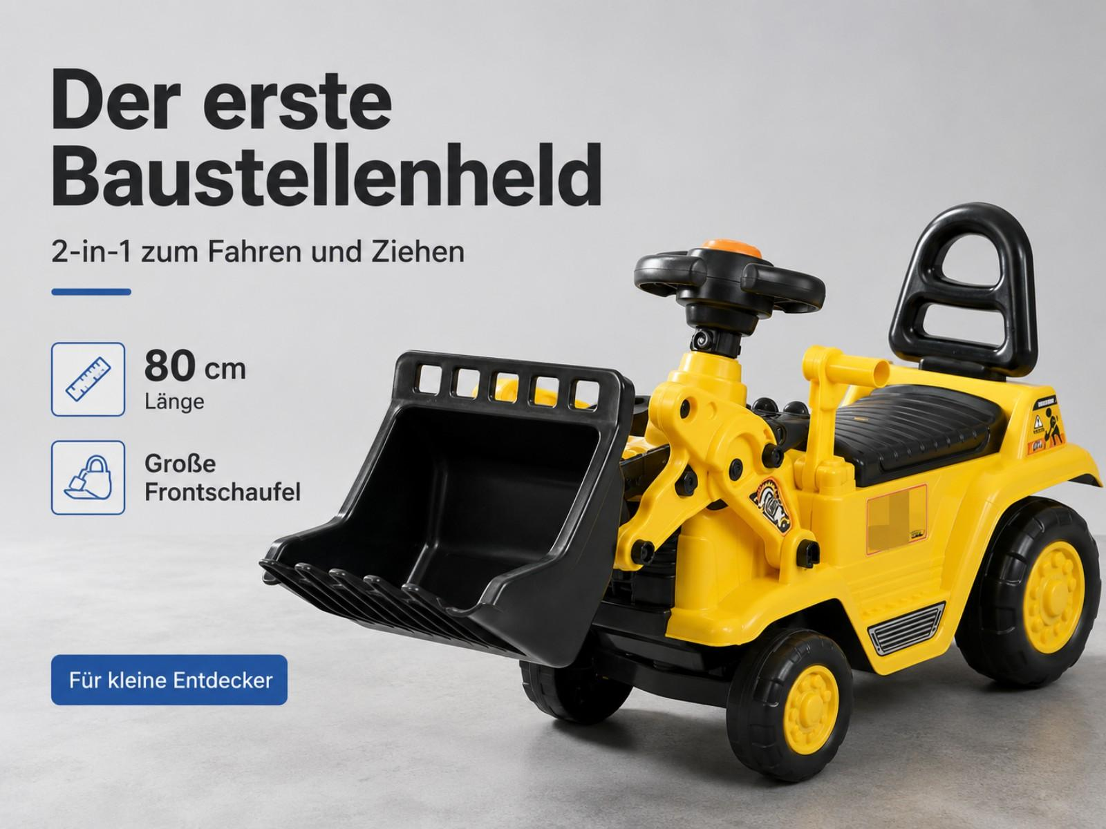Ein gelber Bagger-Spielzeug für Kinder mit Frontschaufel und Lenkrad.