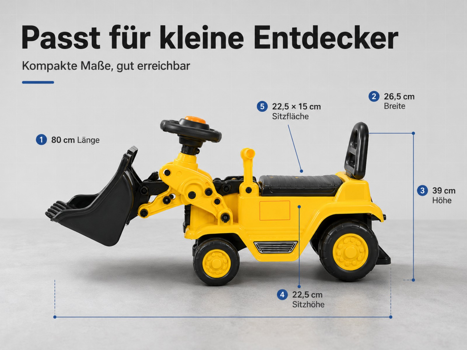 Ein gelber Spielzeug-Bagger mit schwarzen Details und Messangaben.