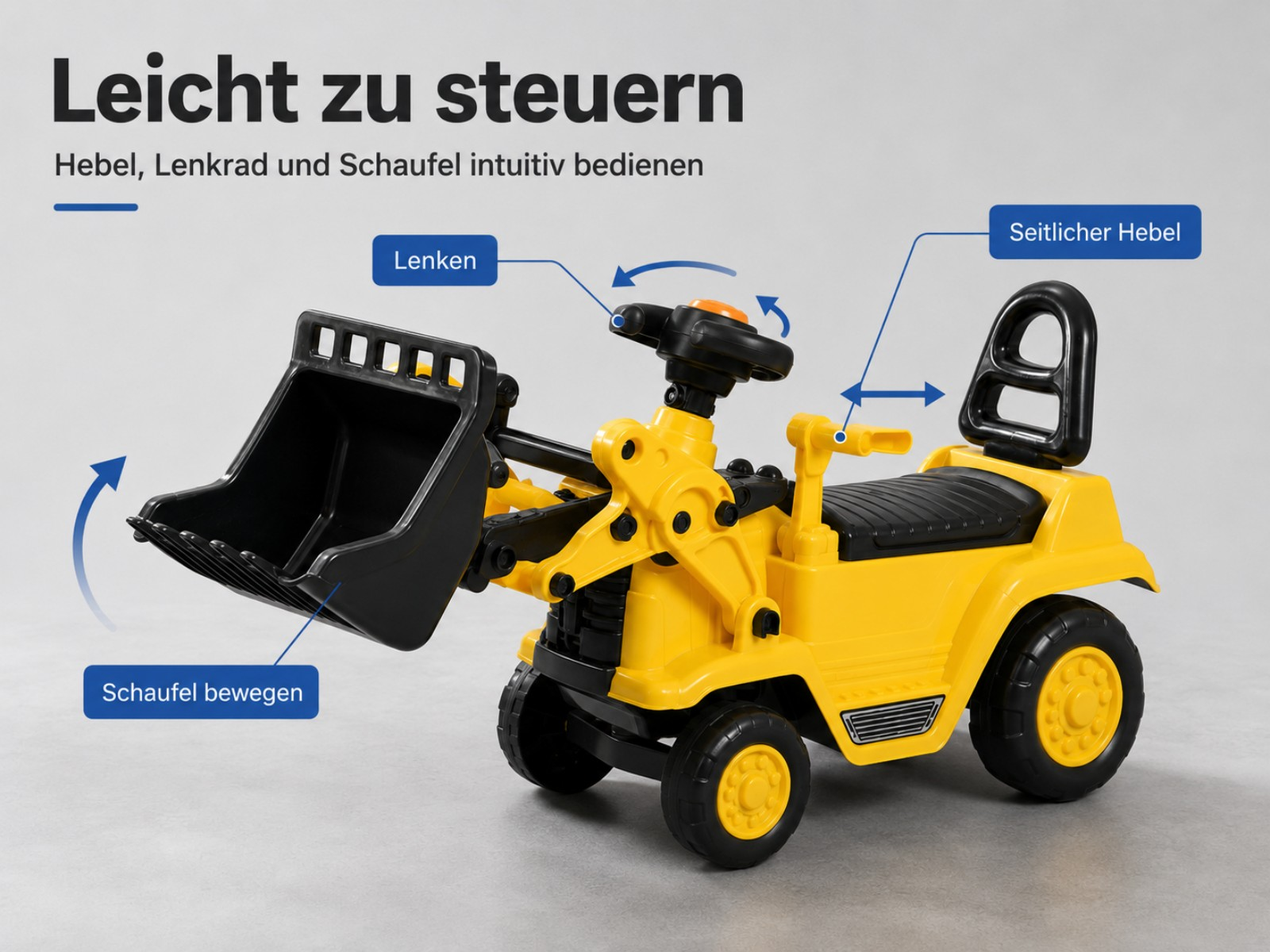 Gelber Spielzeugbagger mit schwarzer Schaufel, Lenkrad und Hebeln für einfache Steuerung.