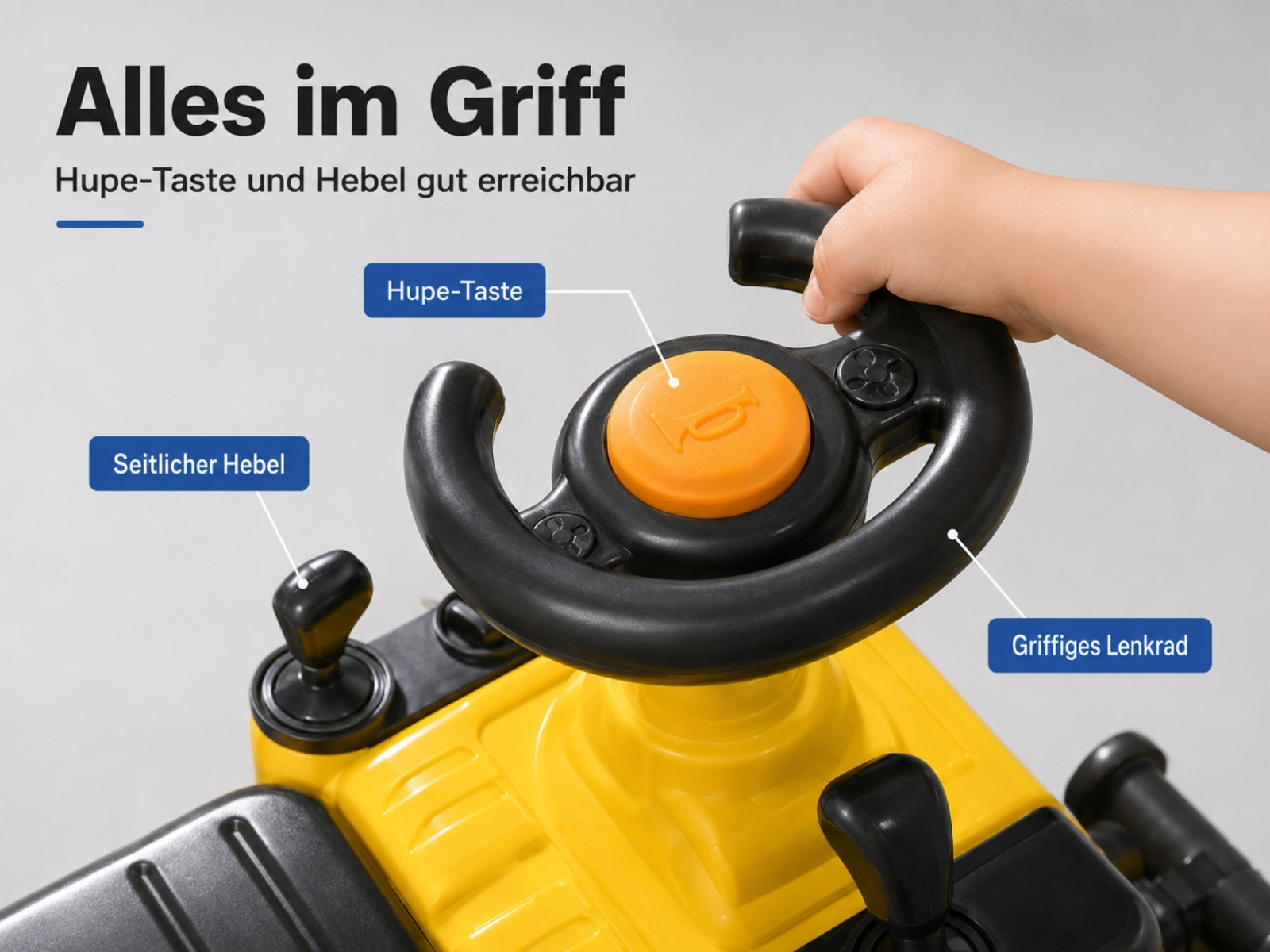 Ein Kinderlenkrad mit Hupe und Hebeln. Gelbes Spielzeugauto.