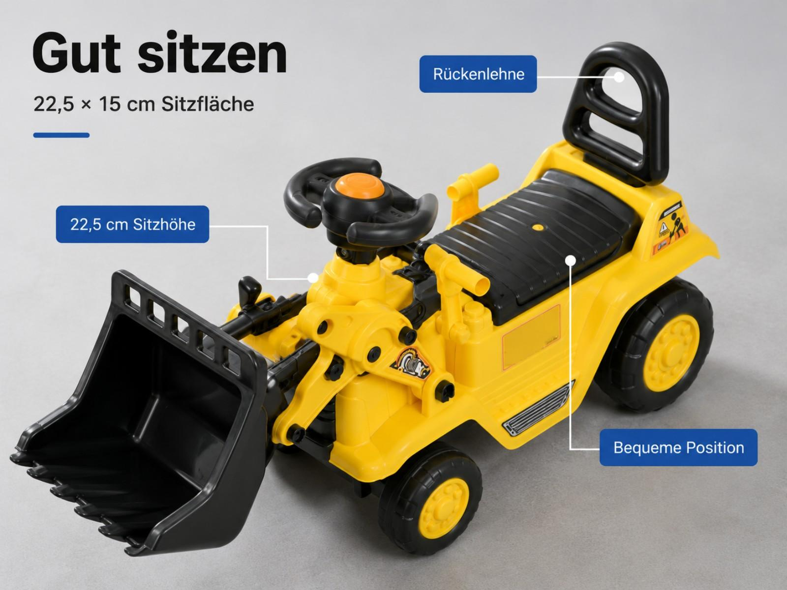 Ein gelber Bagger-Spielzeug-Fahrzeug mit schwarzem Sitz und Schaufel.