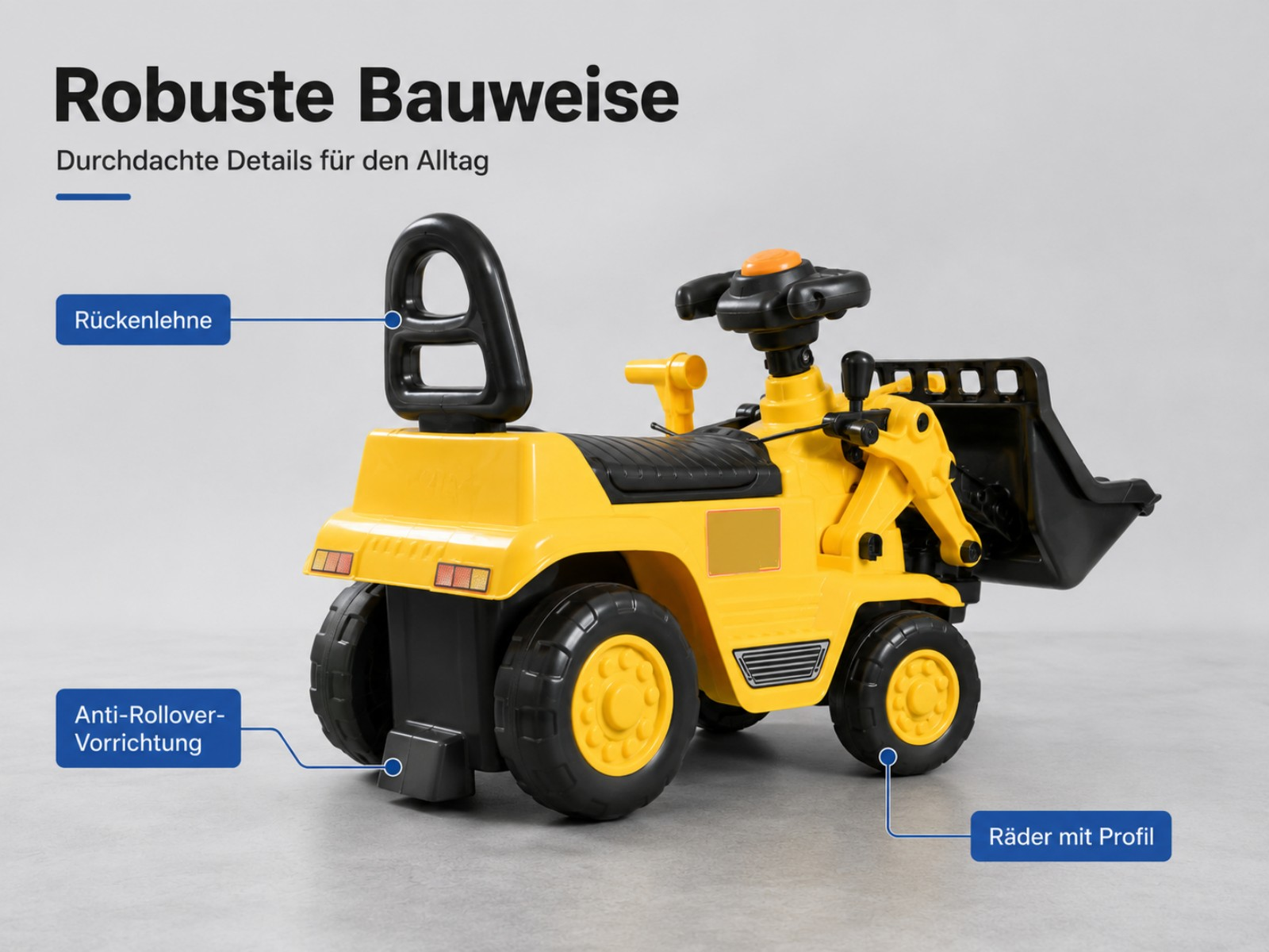 Gelber Bagger Spielzeugauto mit Rückenlehne und Schaufel. Grauer Hintergrund.