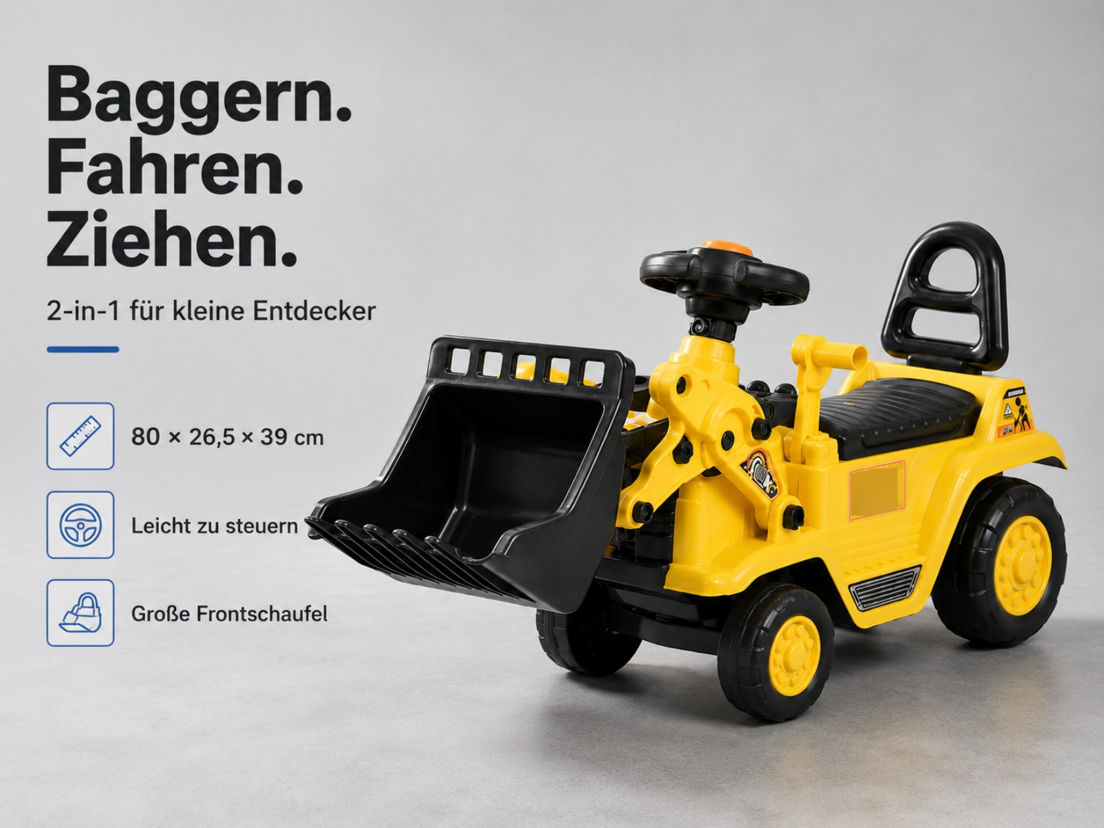 Gelber Spielzeug-Bagger mit großer Frontschaufel, Lenkrad und Sitz.