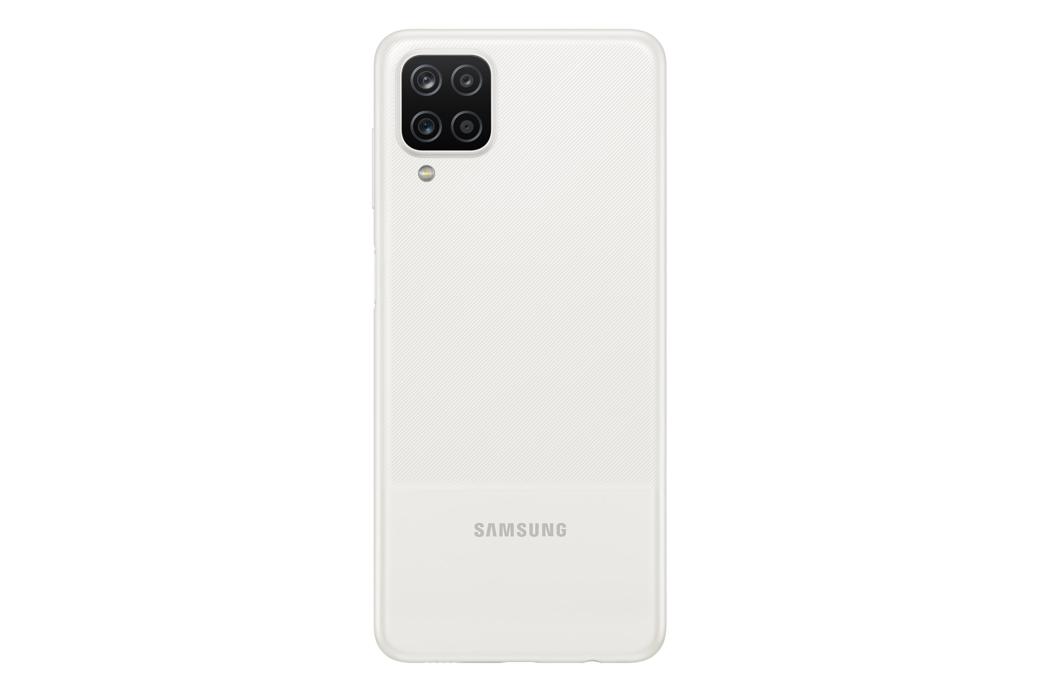Weiße Rückseite eines Smartphones mit vier Kameras und Samsung-Logo.