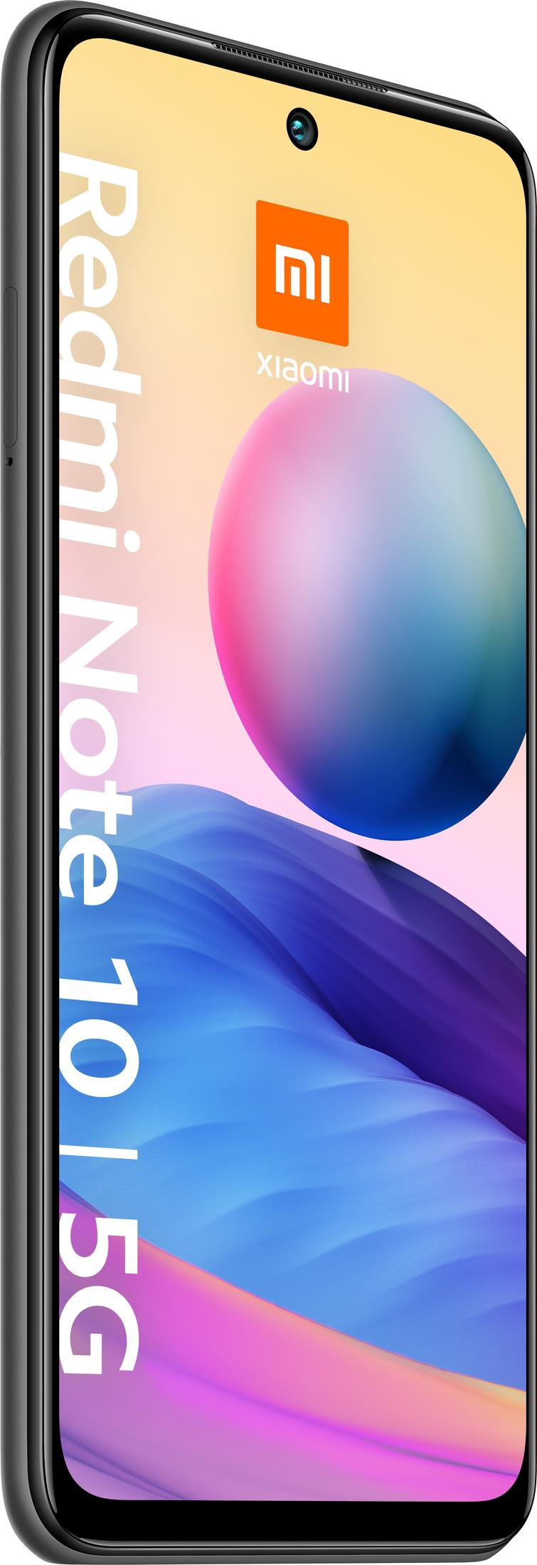 Ein schwarzes Xiaomi Redmi Note 10 5G Smartphone mit einem bunten Hintergrund.