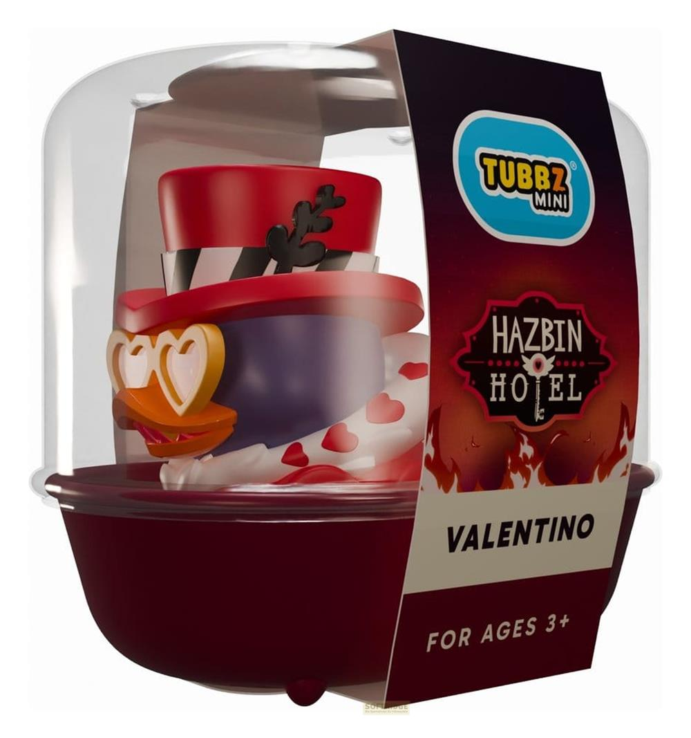 Valentino Tubbz Mini Figur in einem durchsichtigen Gehäuse mit rotem Hut und Herzmuster.