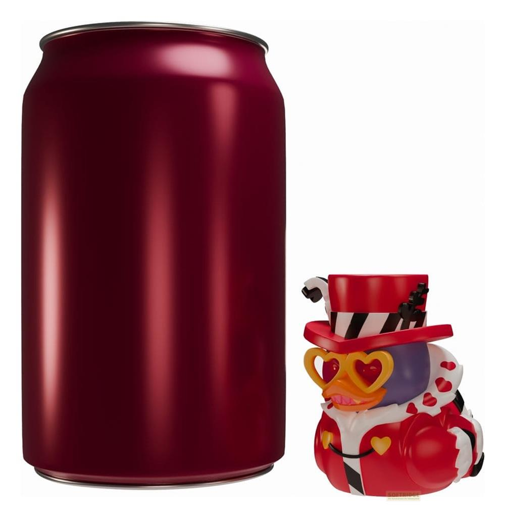 Eine rote Dose neben einer Entenfigur mit Hut und Herzbrille.