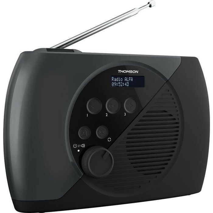 Radio THOMSON ALFA nera con antenna estensibile e display LCD.