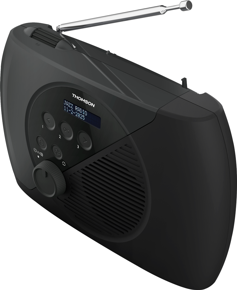 Radio portatile Thomson nera con antenna argentata e display digitale che mostra 'Jazz Radio'.