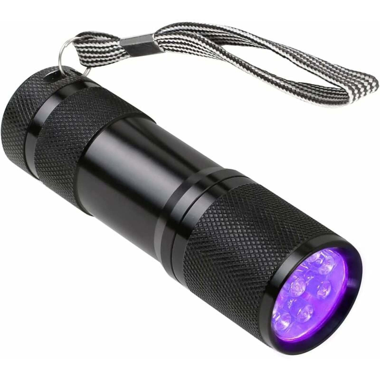 Kompakte schwarze UV-Taschenlampe mit Lanyard und violettem Licht.