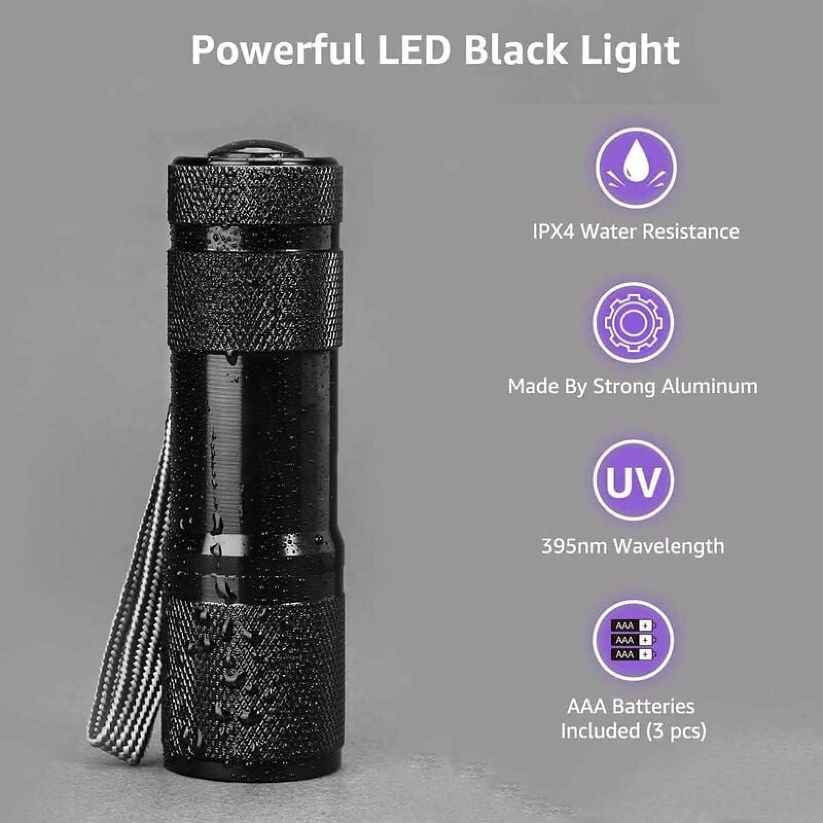 Schwarze LED-Taschenlampe mit IPX4-Wasserbeständigkeit, Aluminiumgehäuse.