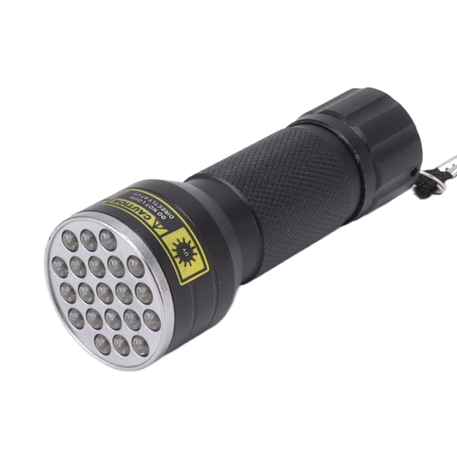 Schwarze Taschenlampe mit 21 LEDs und UV-Warnaufkleber auf weißem Hintergrund.