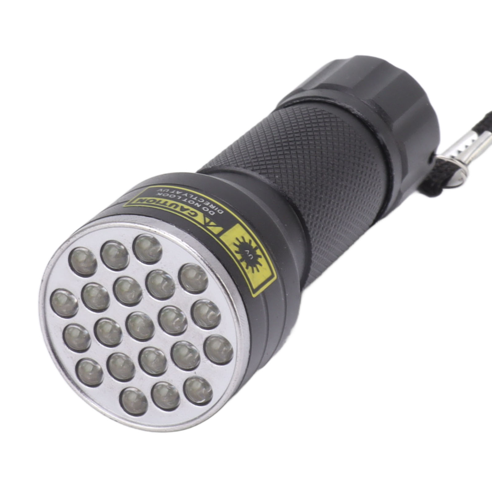 Schwarze UV-Taschenlampe mit 15 LEDs, Rändelgriff und Lanyard.