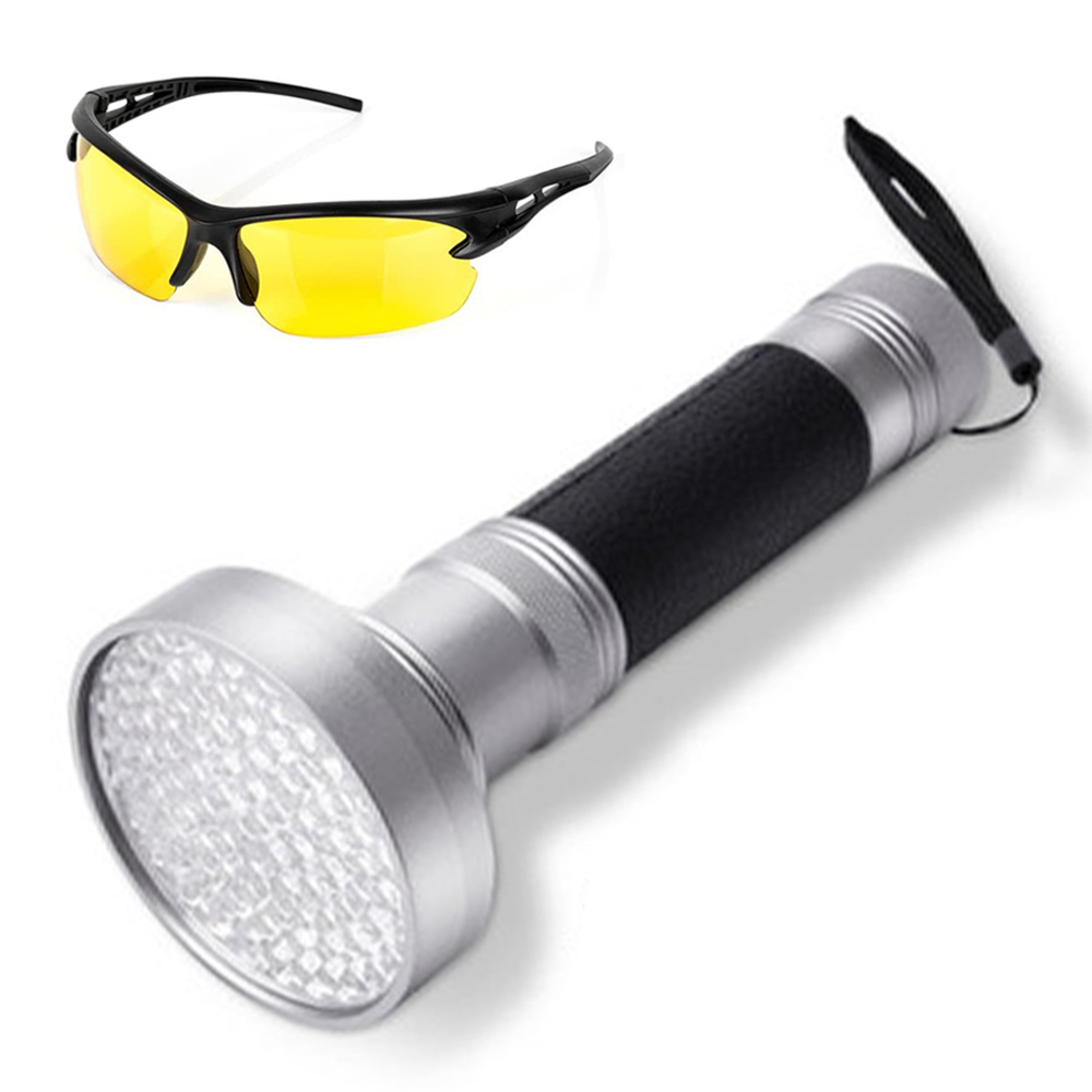 Eine schwarze Brille mit gelben Gläsern und eine Taschenlampe mit UV-LEDs.
