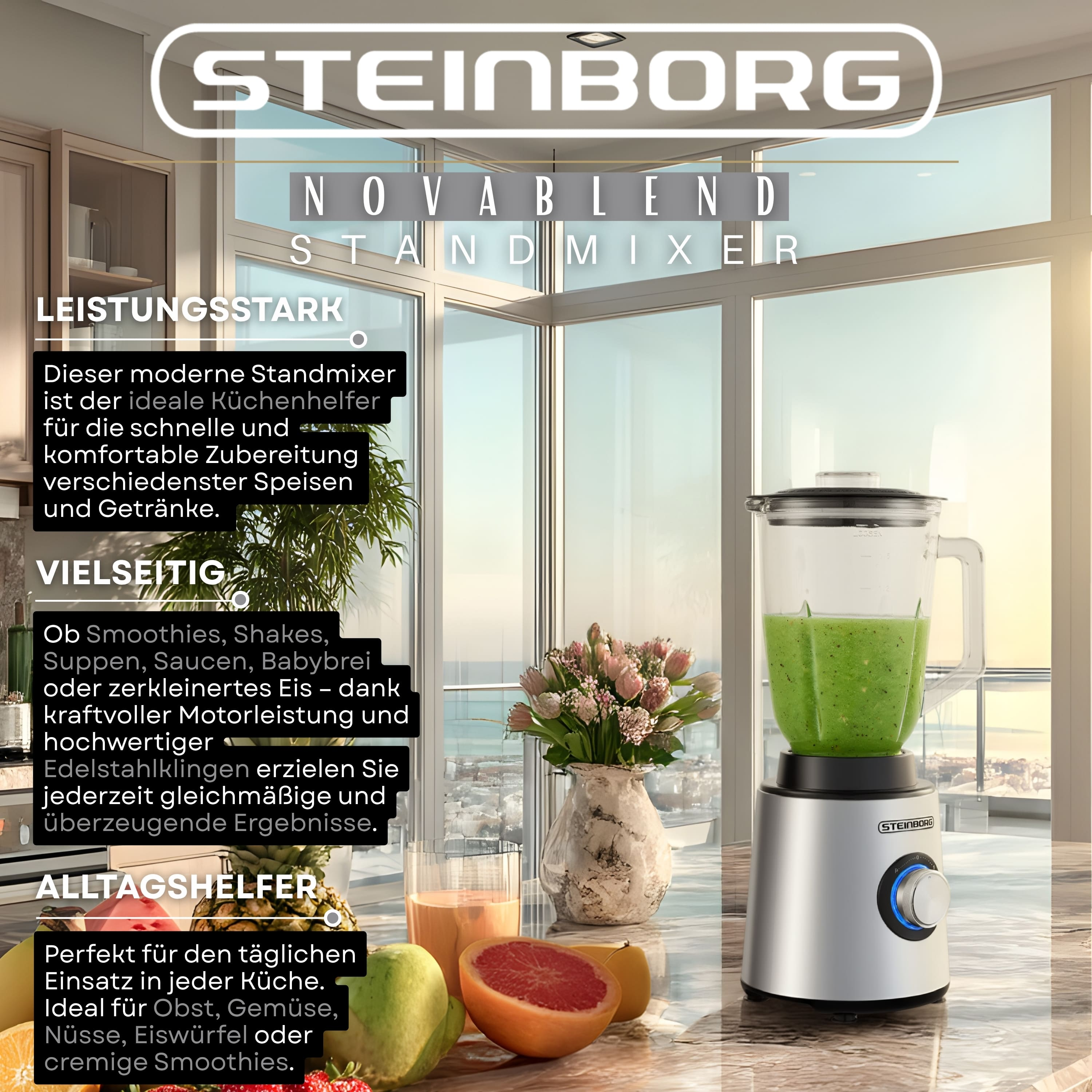 Ein silberner Standmixer mit grünem Smoothie steht auf einer Küchenarbeitsplatte.