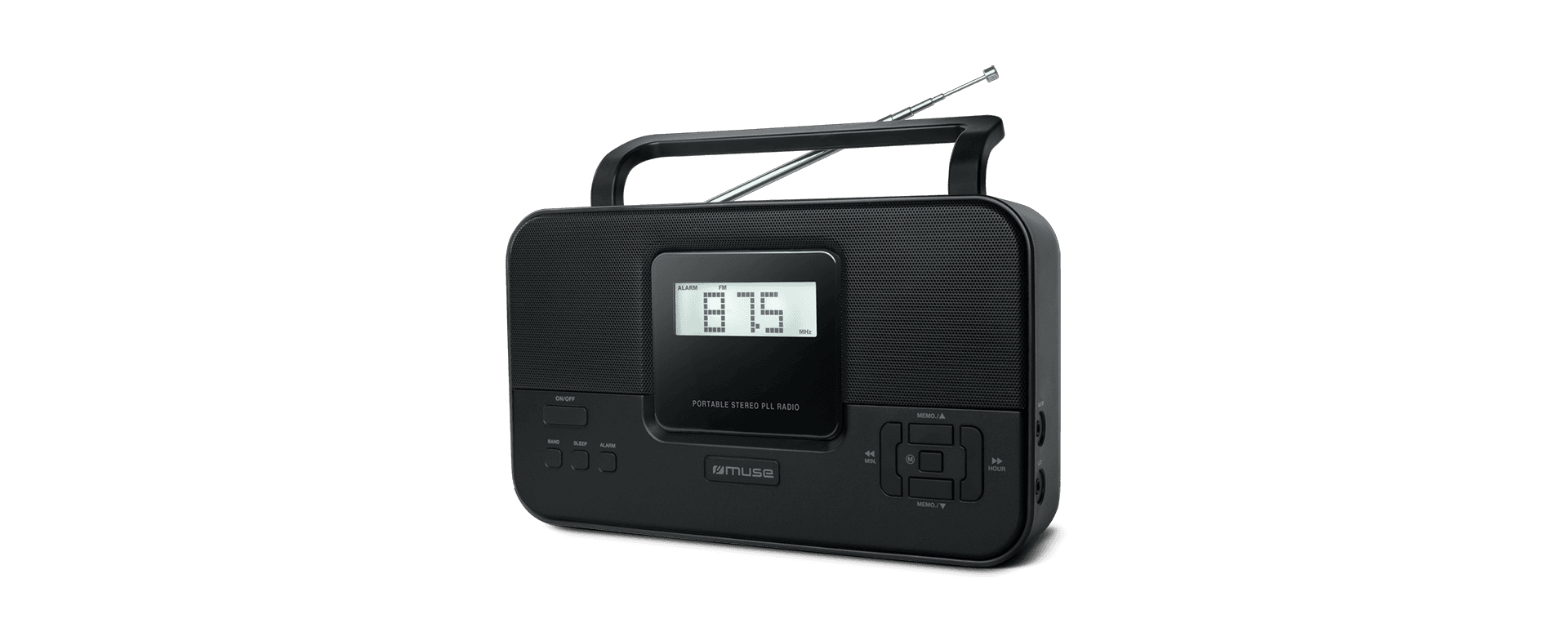 Radio PLL portatile nera con antenna e display LCD che mostra 87,5 FM.