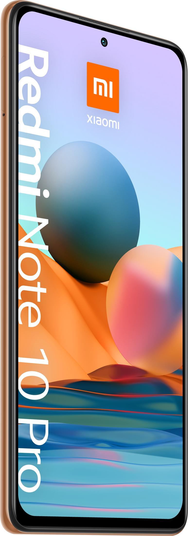 Ein goldenes Xiaomi Redmi Note 10 Pro Smartphone mit bunten abstrakten Formen auf dem Bildschirm.