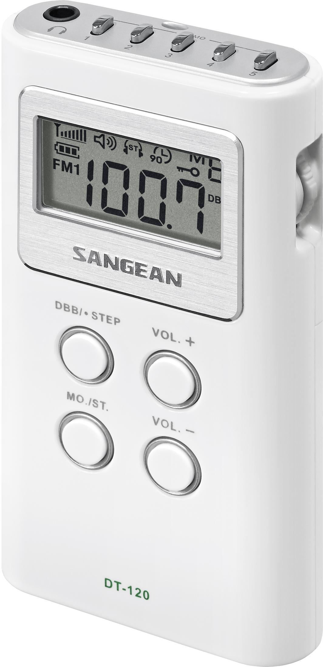 Una radio Sangean DT-120 bianca con schermo LCD che mostra 100,7 MHz.