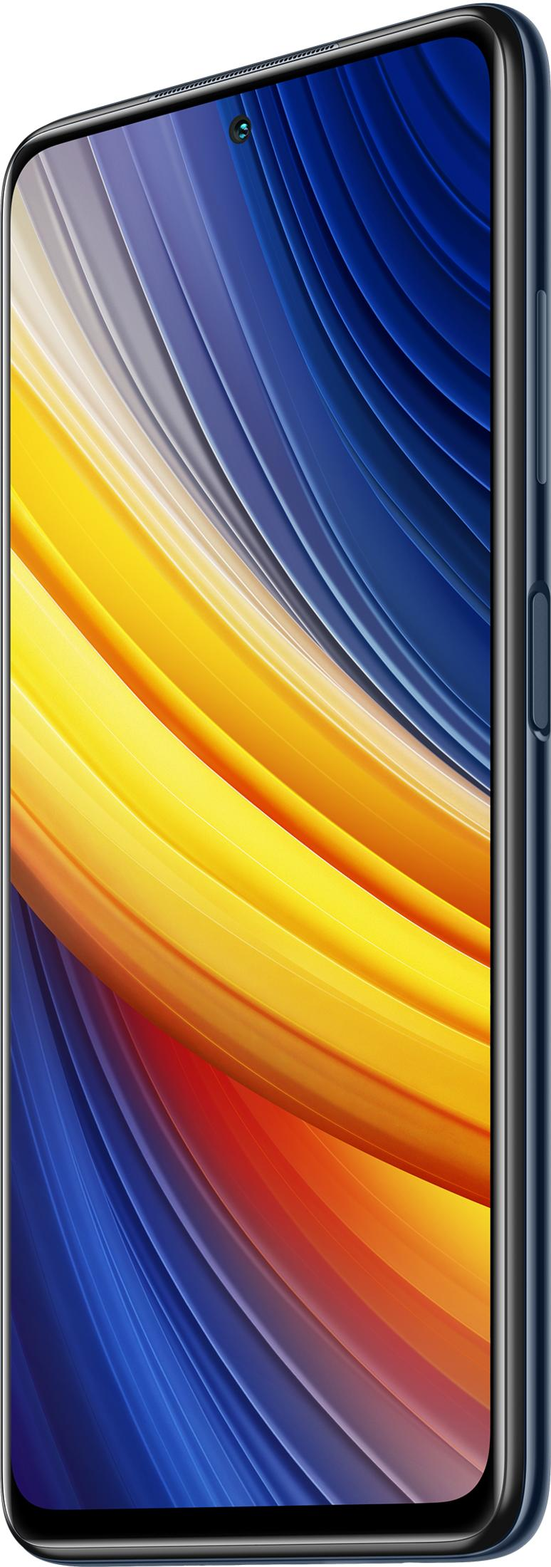 Ein blaues Smartphone mit einem farbenfrohen, abstrakten Hintergrundbild im Wellenmuster.