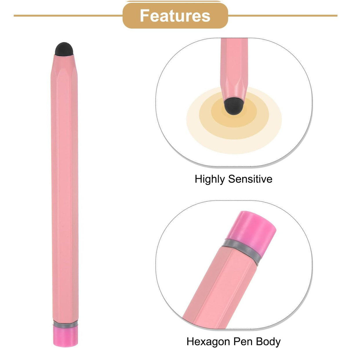 Ein rosafarbener Stift mit sechseckigem Körper und empfindlicher Spitze.