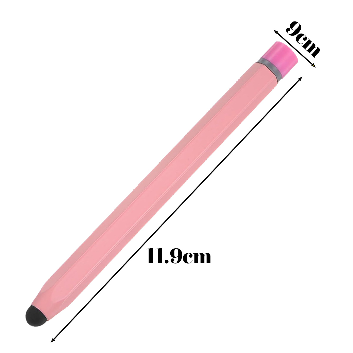 Ein rosafarbener Stift mit Maßen von 11,9 cm Länge und 9 cm Breite.