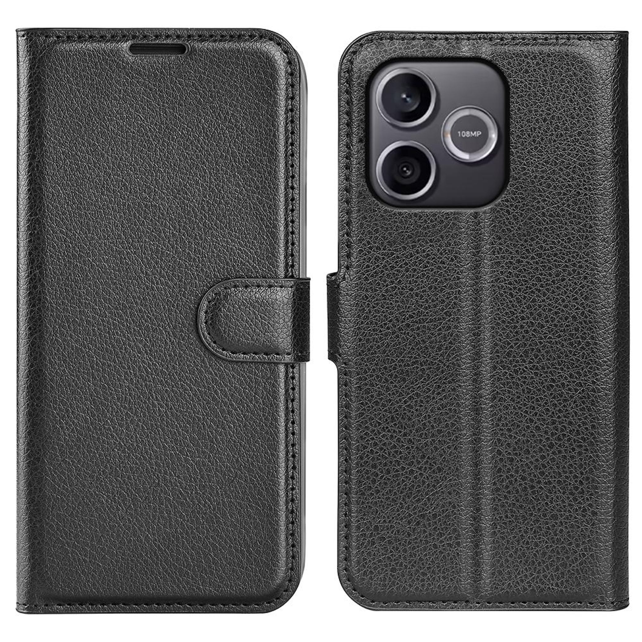 Schwarzes Leder-Flip-Cover für ein Smartphone mit drei Kameras.