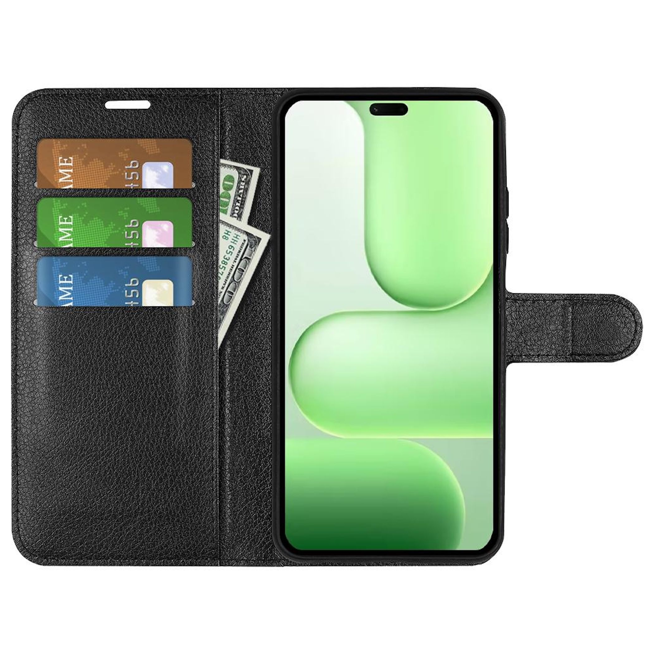Schwarze Leder-Handyhülle mit Kartenfächern und Geldscheinen neben einem Smartphone.