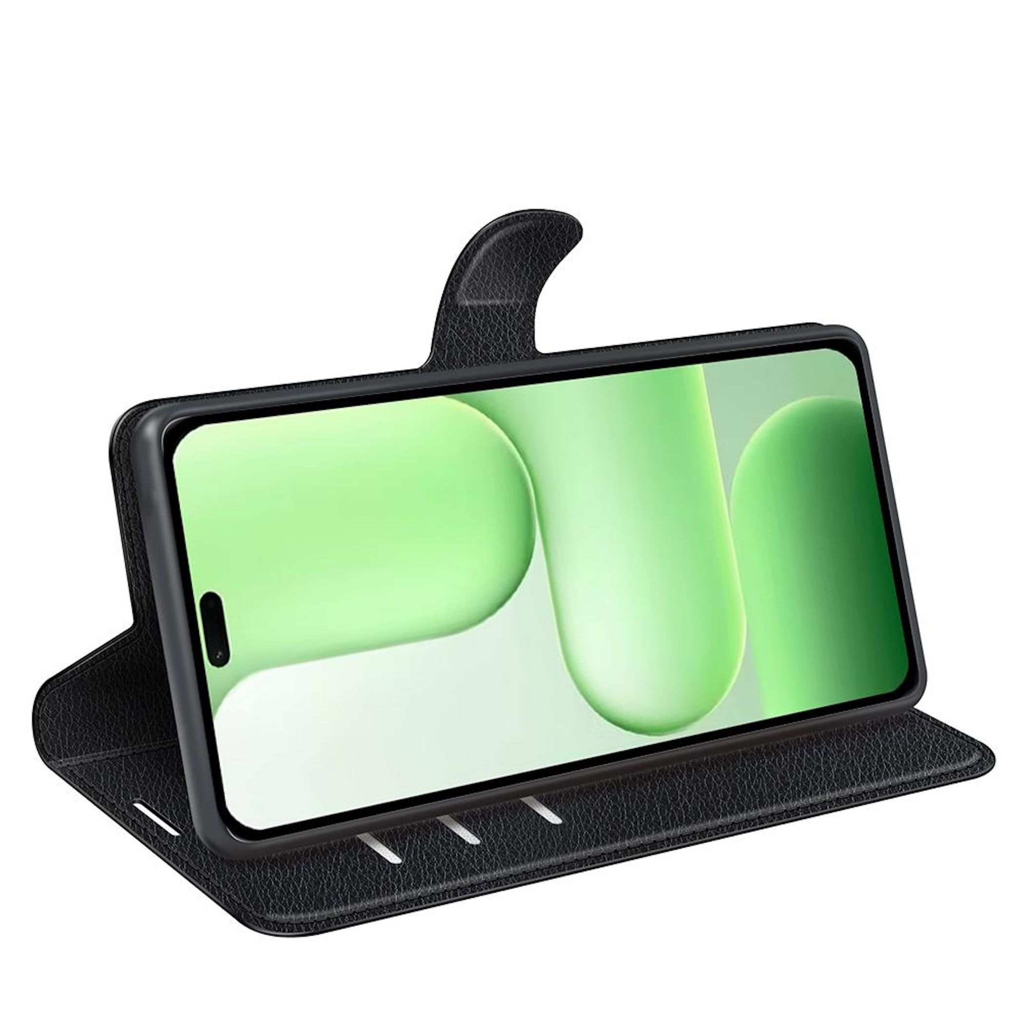 Schwarzes Handy-Flipcase mit aufklappbarem Deckel und grünem Bildschirmhintergrund.