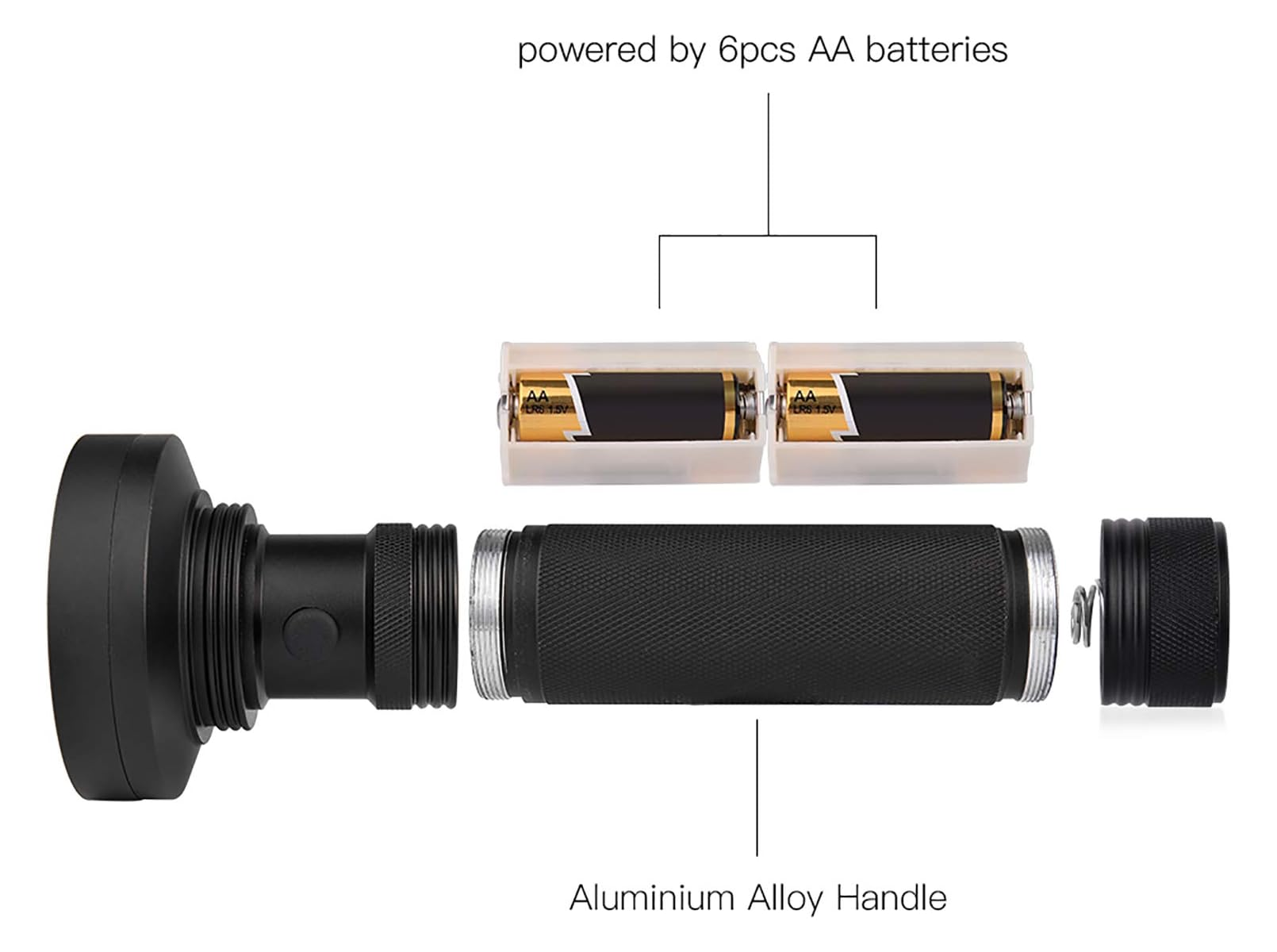 Ein schwarzer Taschenlampenkörper, Batterien und Griff sind zerlegt.