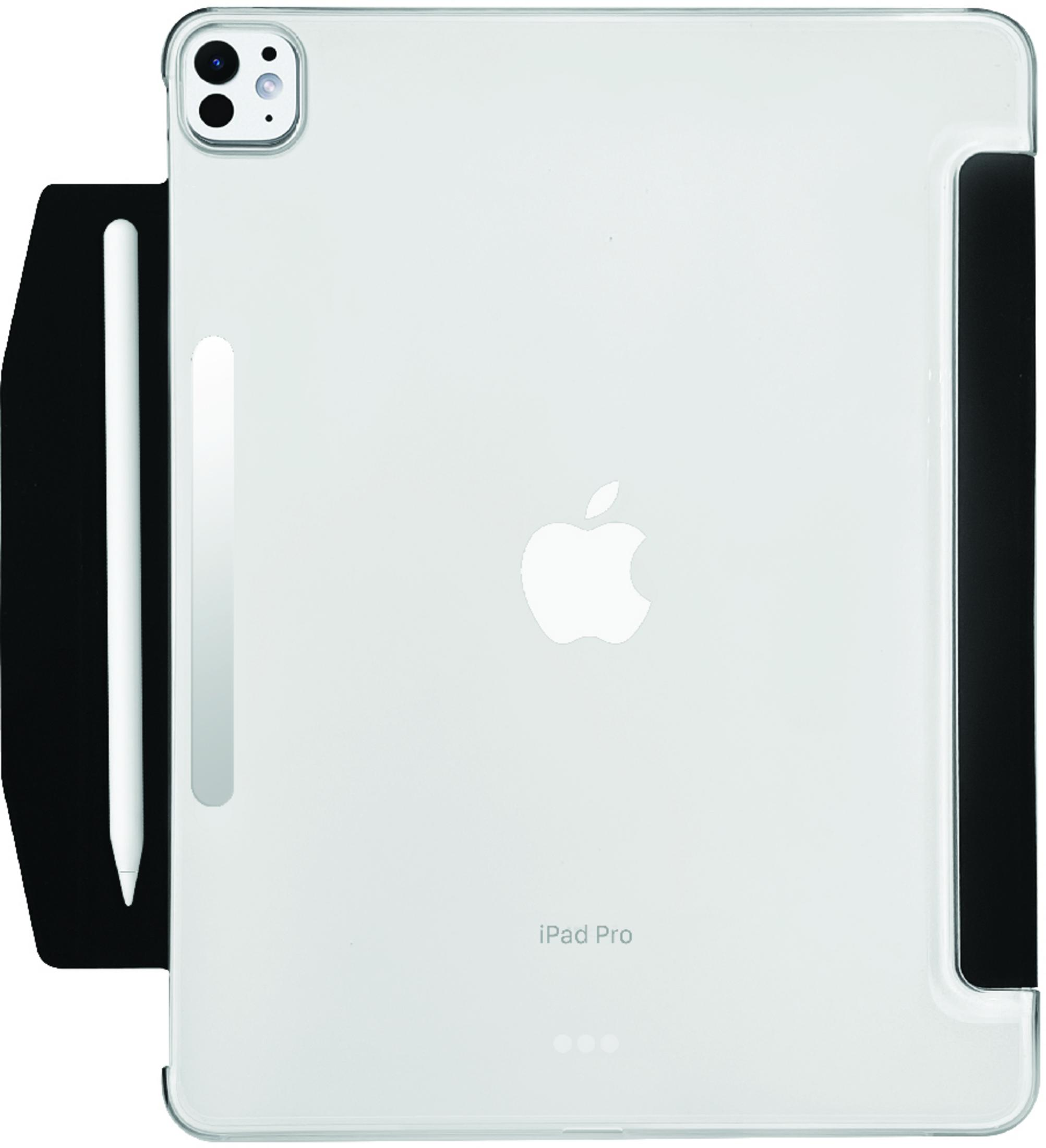 Weißes iPad Pro mit Apple-Logo, Kamera und Apple Pencil im schwarzen Case.