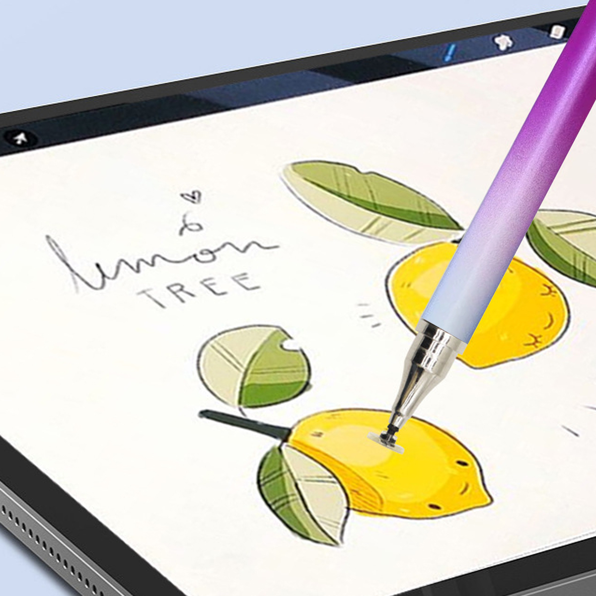Ein digitaler Stift mit Farbverlauf auf einem Tablet, das eine Zitronenzeichnung zeigt.