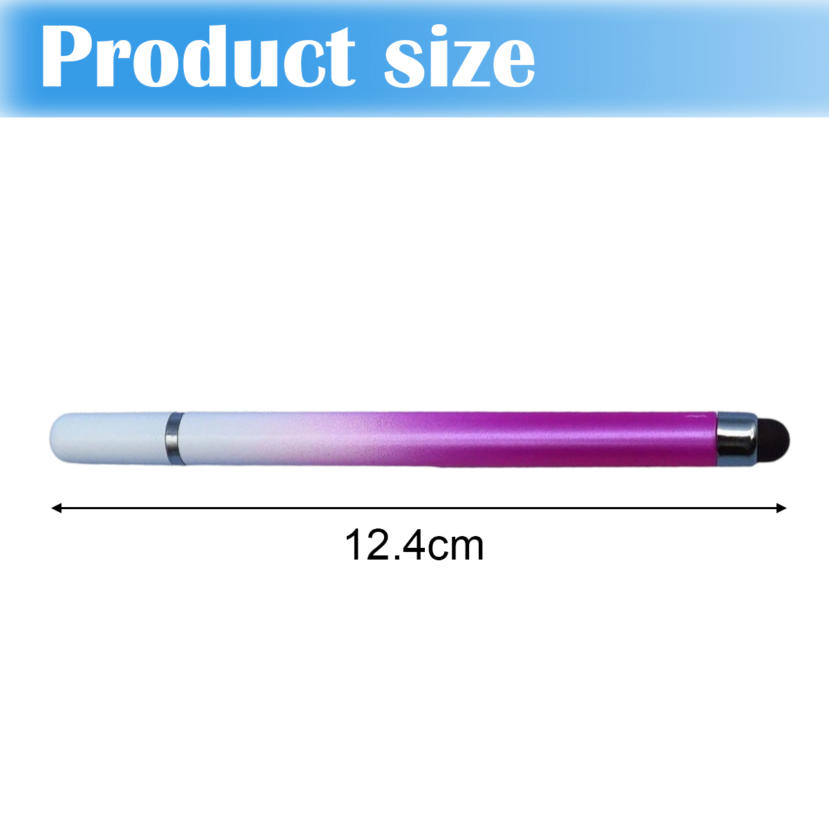 Ein Stift mit einem Touchscreen-Aufsatz und einer Längenangabe von 12,4 cm.