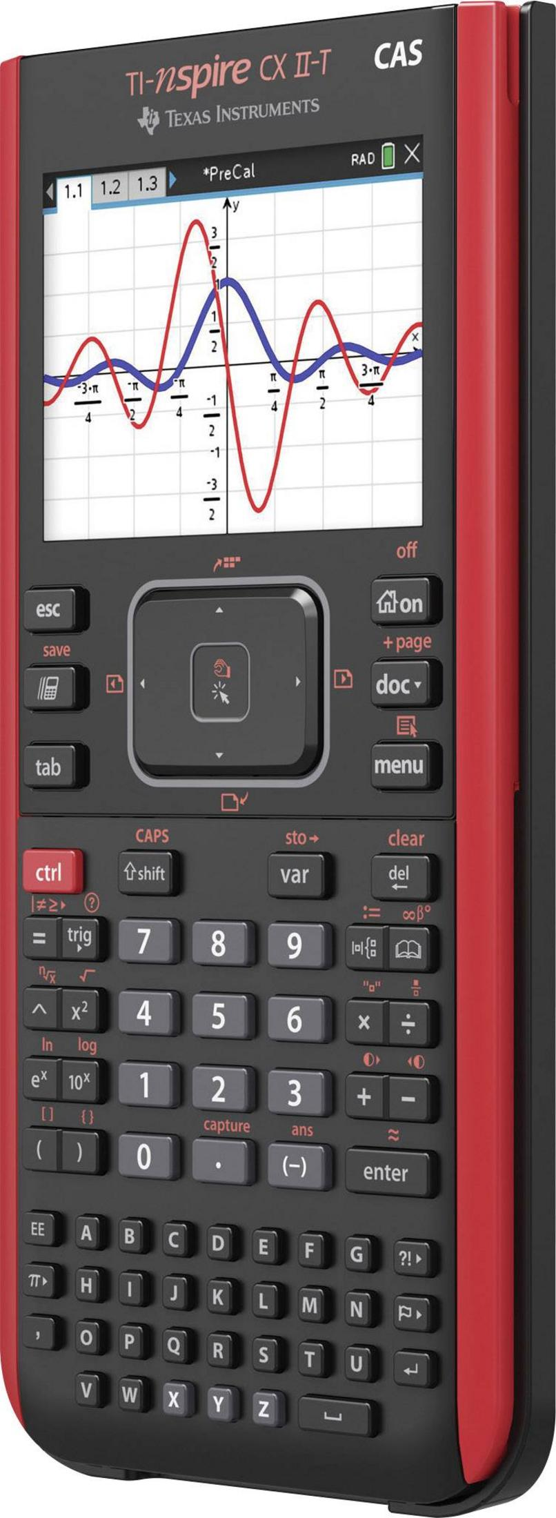 Una calcolatrice rossa Texas Instruments TI-nspire CX II-T CAS con schermo grafico.