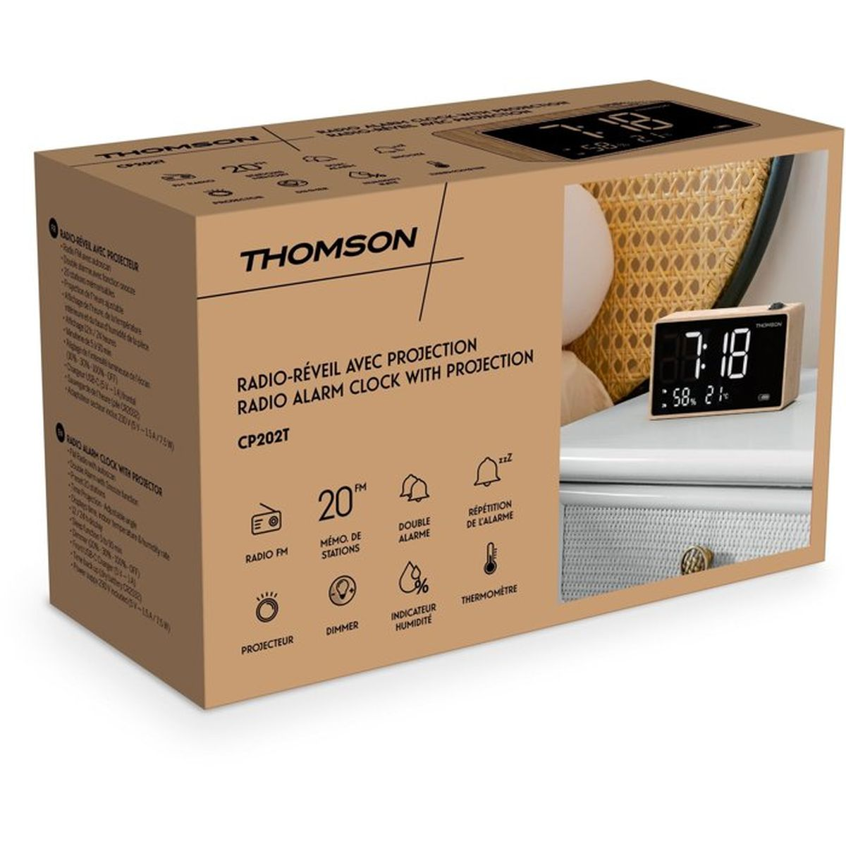 Scatola per radio sveglia Thomson con proiezione, modello CP202T.
