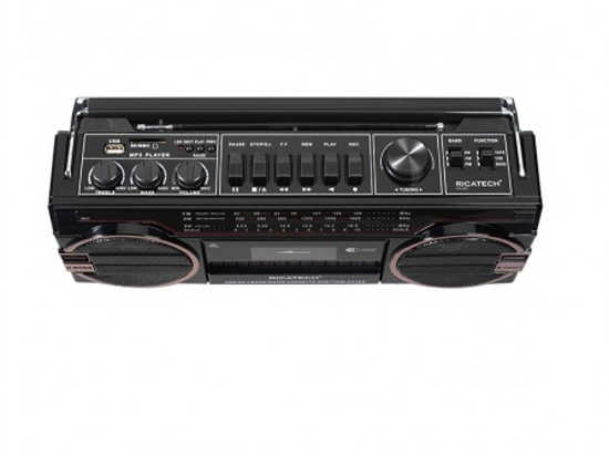 Ein schwarzes Boombox-Radio mit Lautsprechern, Knöpfen und Tasten.