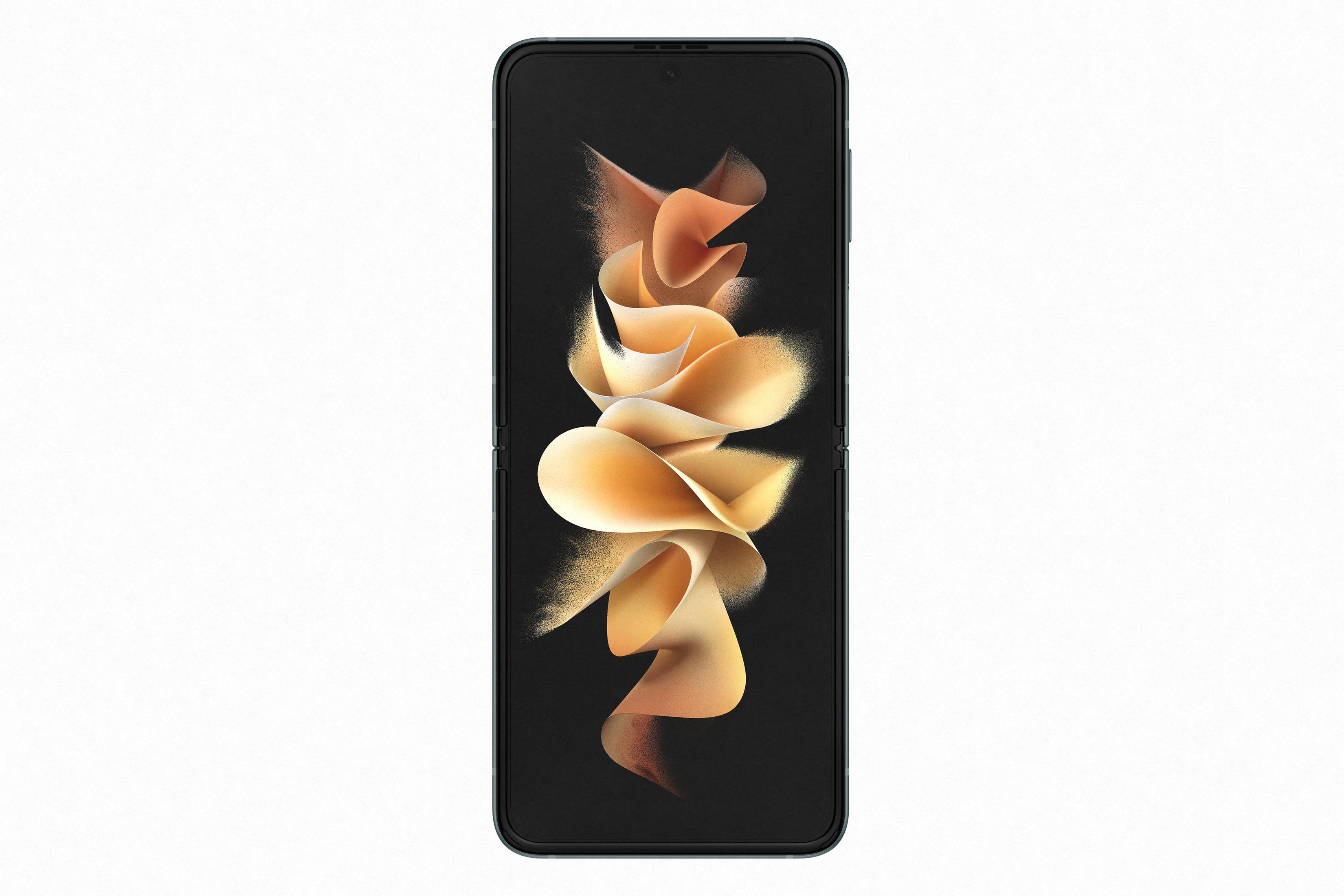 Uno smartphone chiuso con un motivo astratto arancione-oro sul suo schermo scuro.