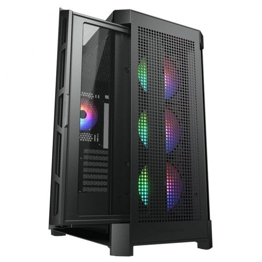 Schwarzes Computergehäuse mit RGB-Lüftern und Glasfront.