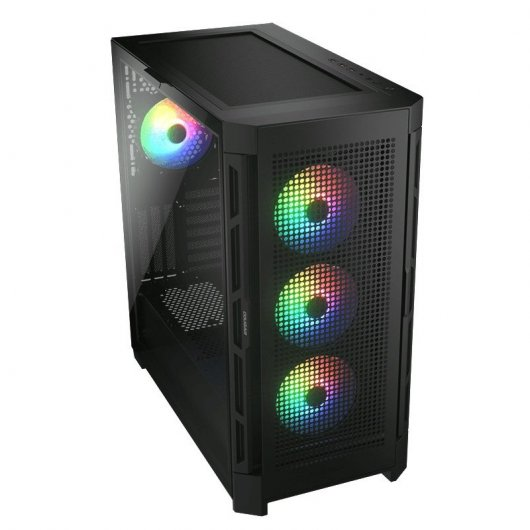 Schwarzes Computergehäuse mit RGB-Lüftern und Glasfenster.