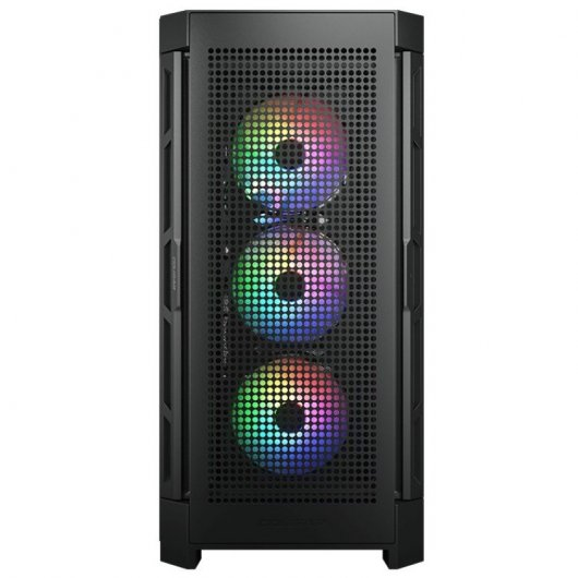 Ein schwarzes Computergehäuse mit drei RGB-Lüftern vorne.