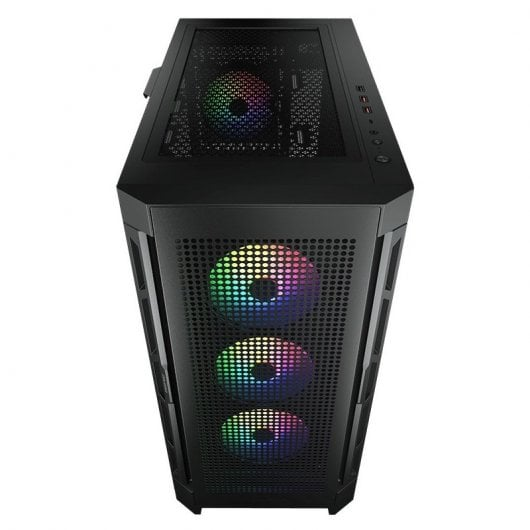 Schwarzes PC-Gehäuse mit beleuchteten Lüftern von vorne und oben.